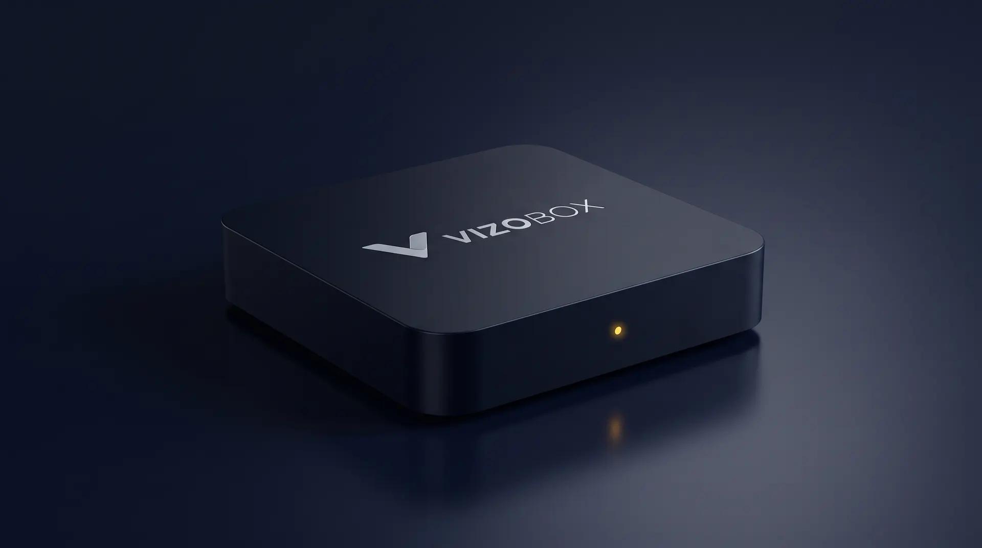 VIZOBOX set-top box — matte black housing with the VIZOBOX logo