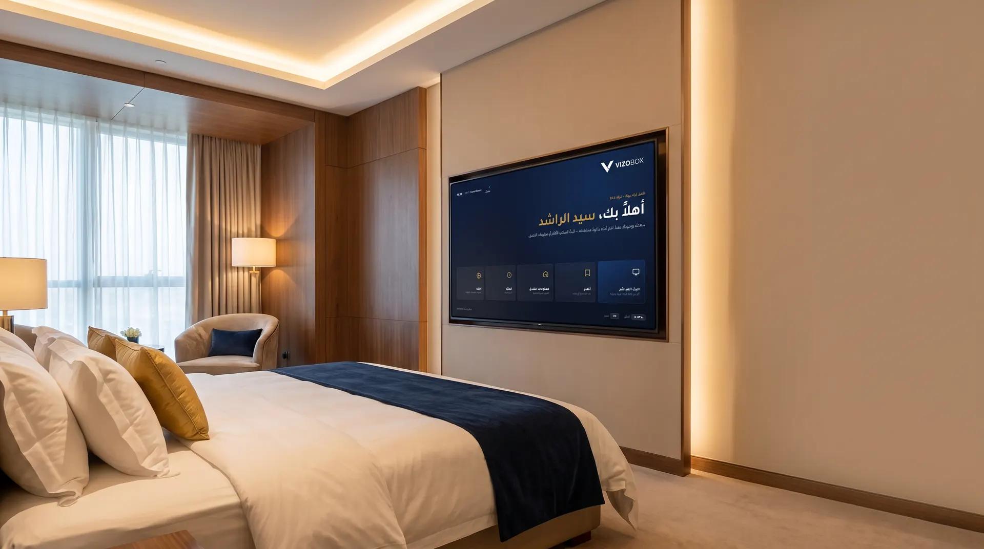 Hotel room with the VIZOBOX welcome screen on the wall TV