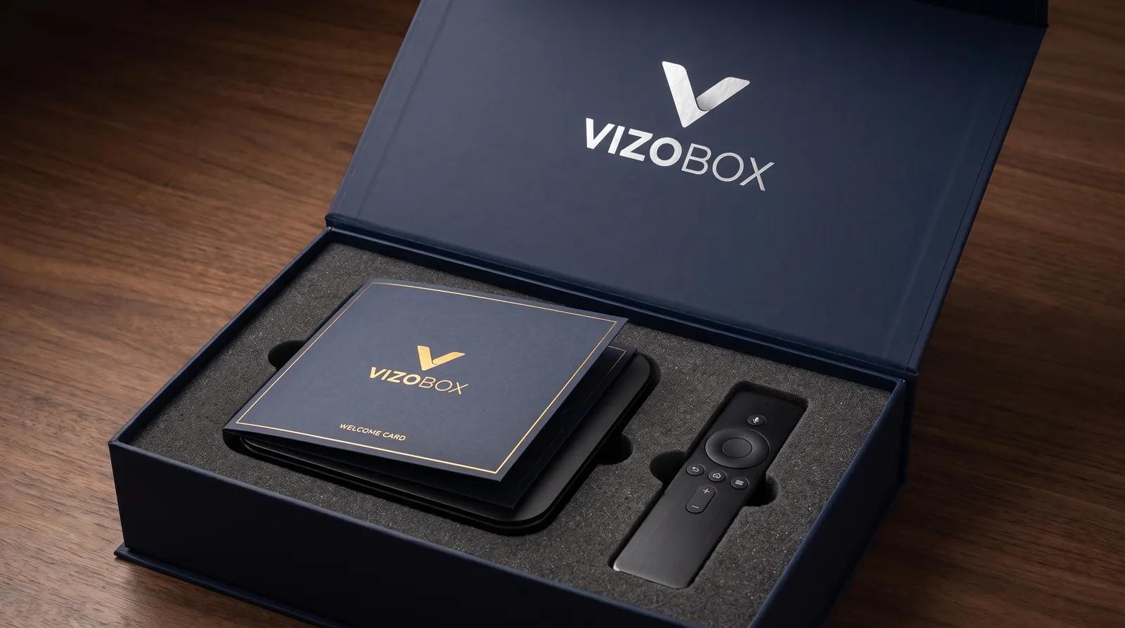 VIZOBOX unboxing: box, remote and welcome card in premium packaging